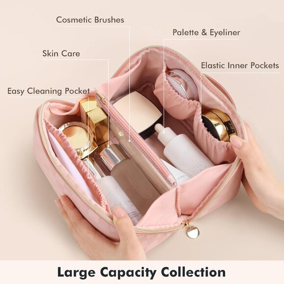 Makeup Bag for Women Travel Waterproof Vegan Leather Cosmetic Bag Open Flat Toil - Picture 4 of 9